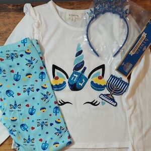btween Hanukkah Girls Size 8 Shirt Pants Headband Set White Blue Yellow Red